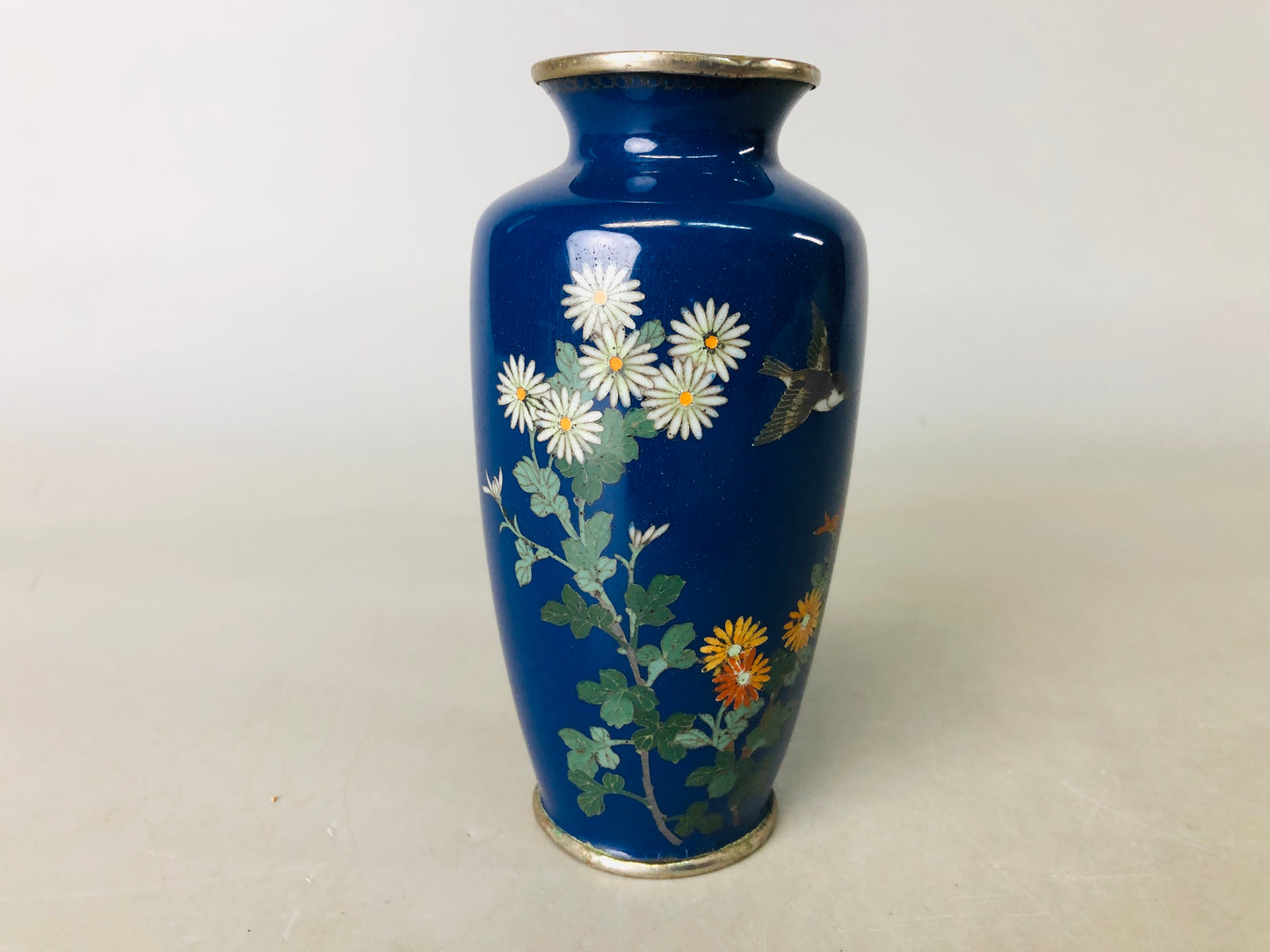 Y6872 [VIDEO] FLOWER VASE Cloisonne bird blue small Japan ikebana floral arrangement