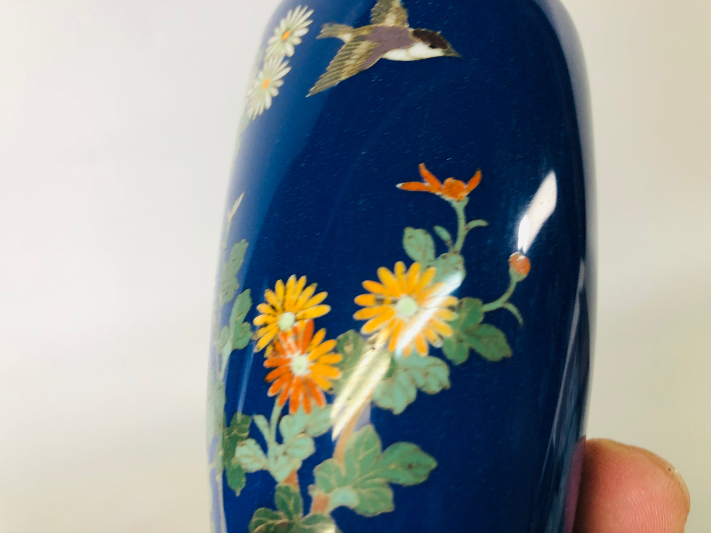 Y6872 [VIDEO] FLOWER VASE Cloisonne bird blue small Japan ikebana floral arrangement