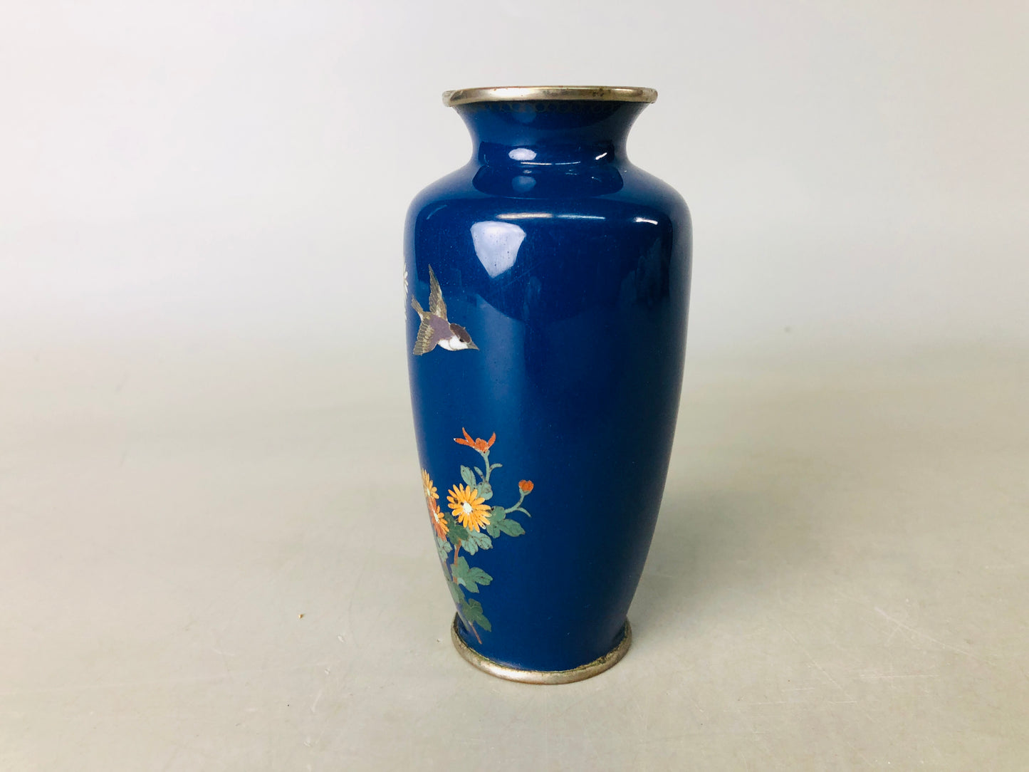 Y6872 [VIDEO] FLOWER VASE Cloisonne bird blue small Japan ikebana floral arrangement