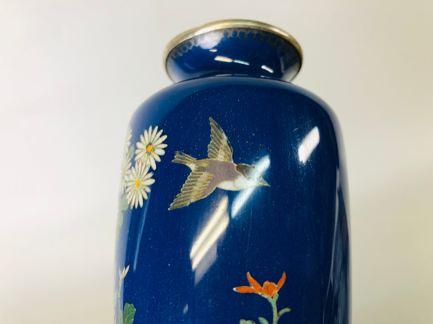 Y6872 [VIDEO] FLOWER VASE Cloisonne bird blue small Japan ikebana floral arrangement