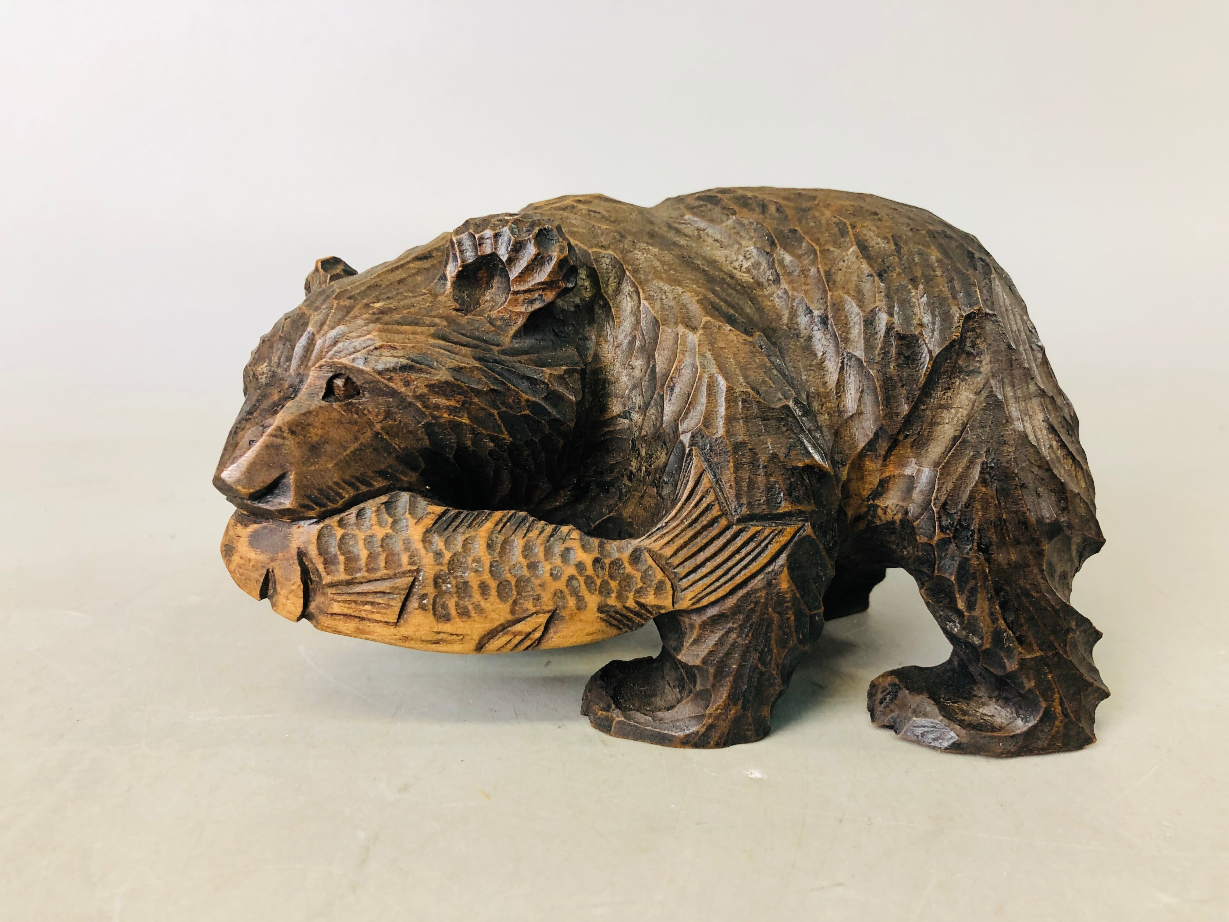 Carved buying Wooden Bear, Hand Carved Japanese Bear With Salmon, 24cm