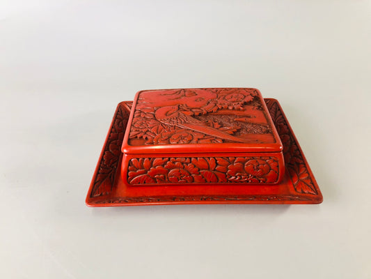Y6975 「VIDEO] BOX Kamakura carving accessory case flower bird Japan antique storage