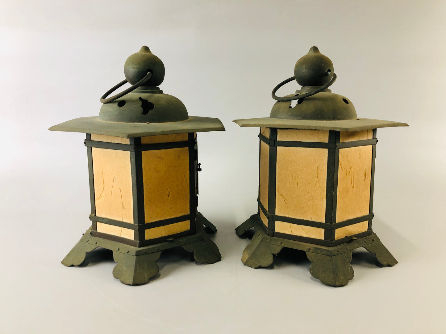 Y6976 [VIDEO] TOUROU Copper Hanging Lantern pair Japan antique interior decor Buddhism