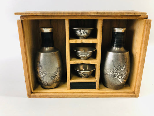 Y6985 [VIDEO] CHOUSHI Tin Sake Bottle Cup set signed box Japan antique tableware kitchen