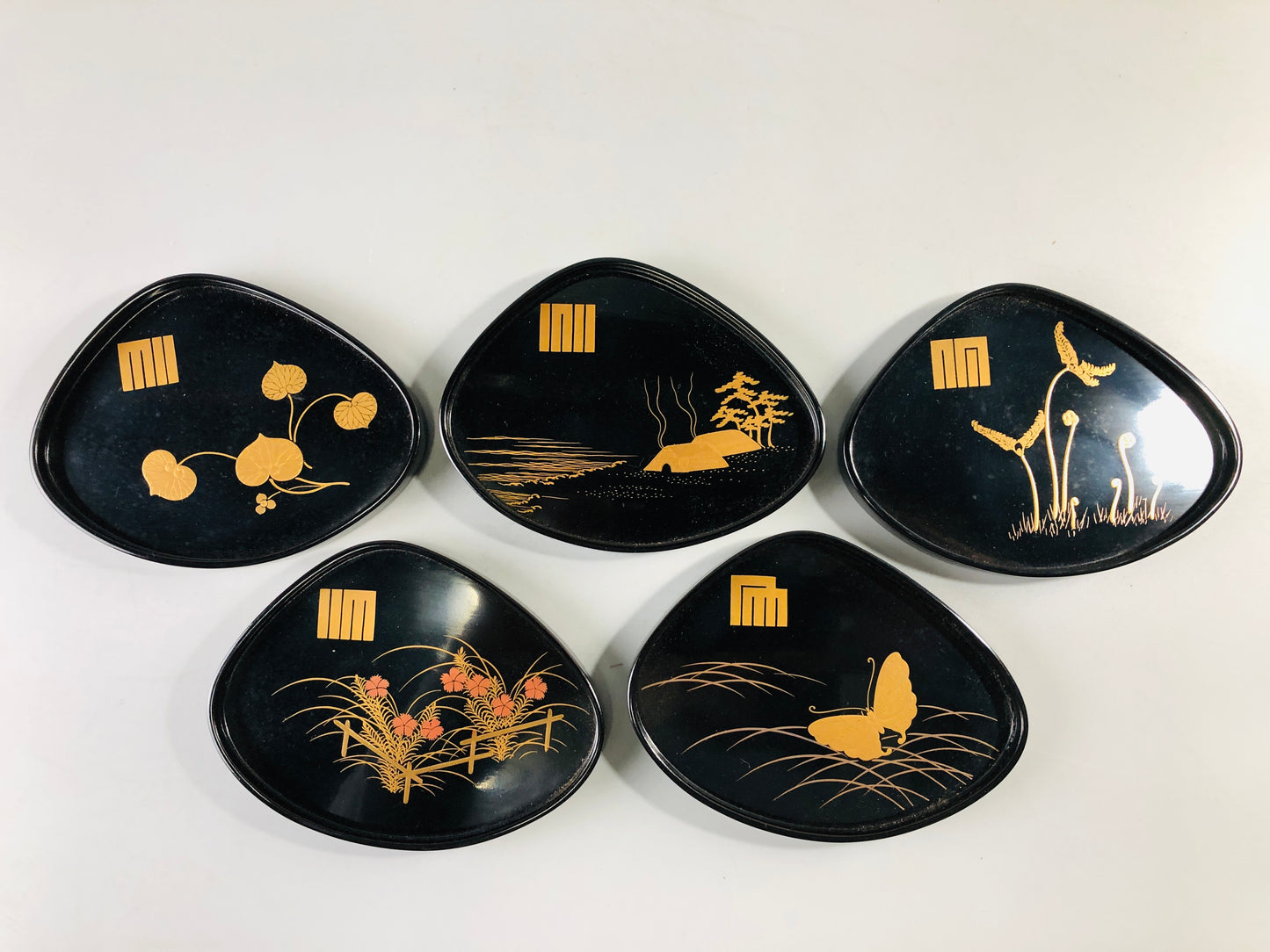 Y6990 [VIDEO] DISH Makie serving plate set of 5 signed box Japan antique tableware