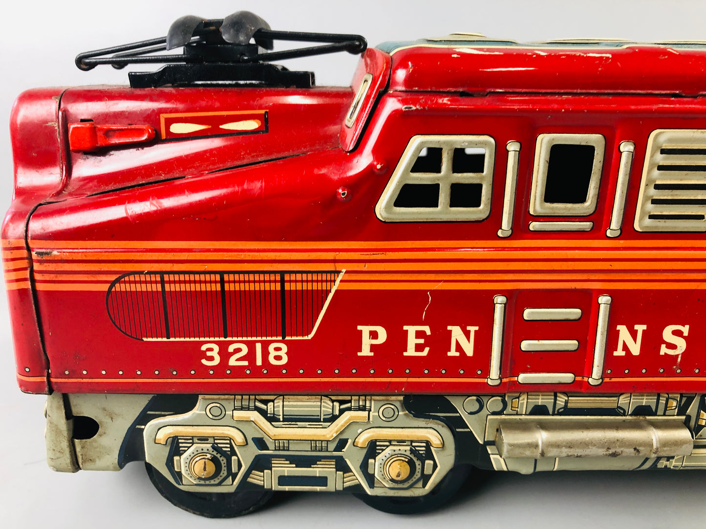 Y7007 [VIDEO] TIN TOY Train Pennsylvania 3218 transportation red Japan antique vintage