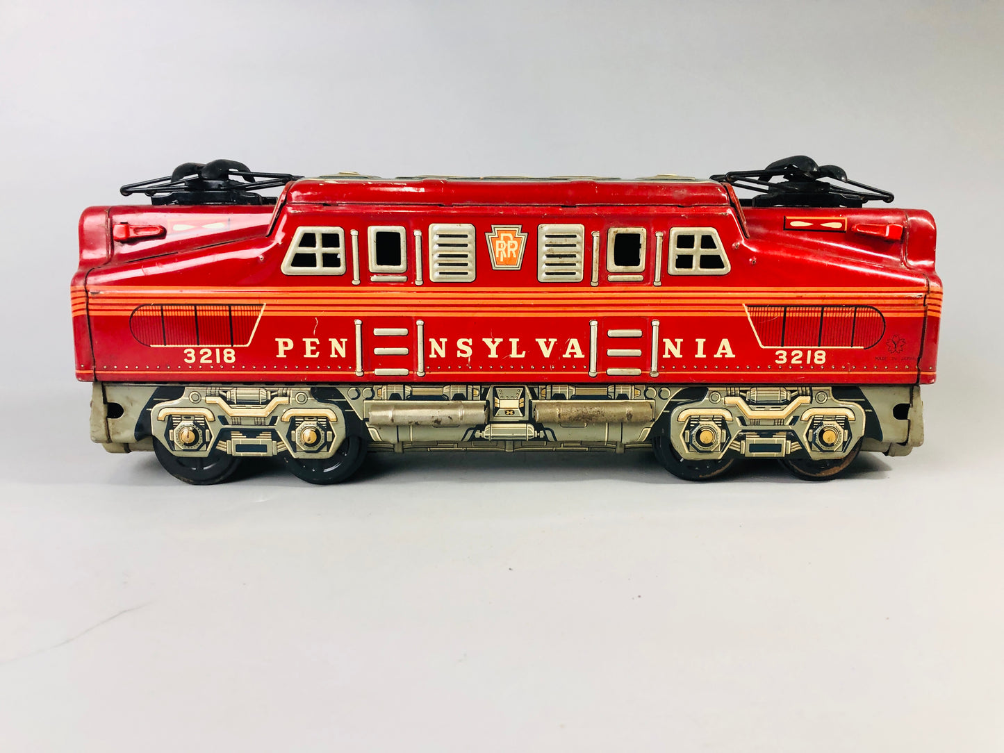 Y7007 [VIDEO] TIN TOY Train Pennsylvania 3218 transportation red Japan antique vintage