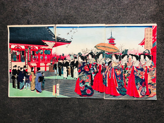 Y7041 WOODBLOCK PRINT 3rd Hiroshige triptych Asakusa Japan Ukiyoe antique art