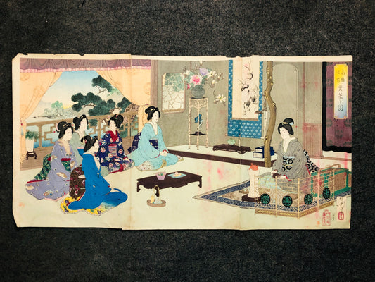 Y7051 WOODBLOCK PRINT Toshikata triptych tea ceremony Japan Ukiyoe antique art