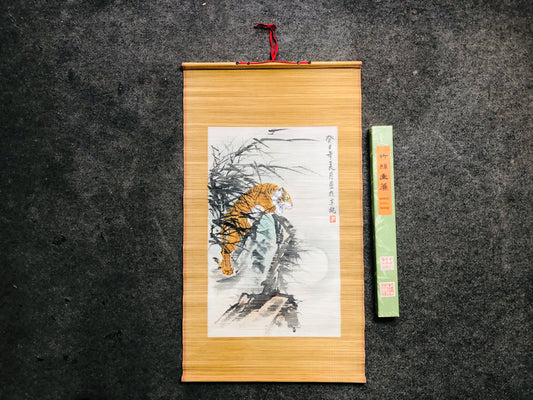 Y7052 KAKEJIKU bamboo Tiger signed box Chinese art antique hanging scroll decor