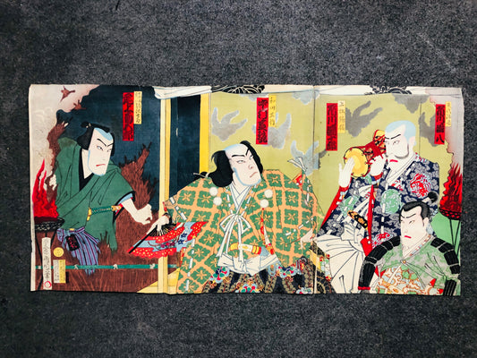 Y7061 WOODBLOCK PRINT Kunichika triptych Kabuki Japan Ukiyoe antique art vintage