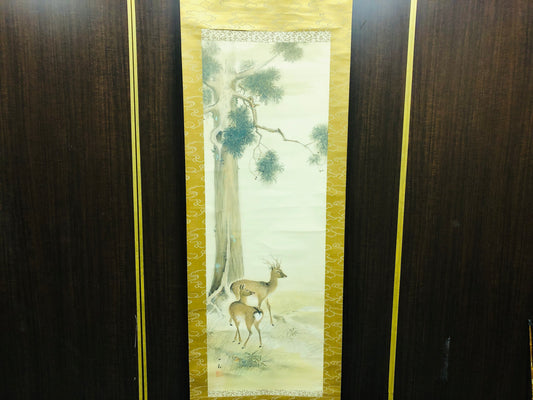 Y7066 KAKEJIKU Deer signed Japan antique hanging scroll art interior wall decor