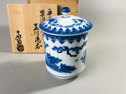 Y7084 YUNOMI Hirado-ware lid signed box Japan antique tea cup teacup sencha