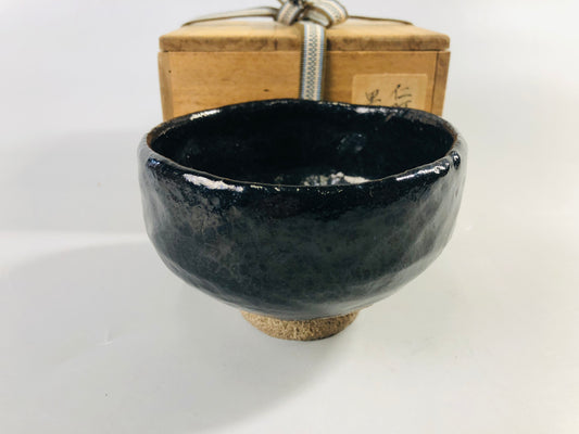 Y7089 CHAWAN Raku-ware black bowl signed box Japan antique tea ceremony teacup