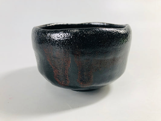Y7094 CHAWAN Raku-ware black bowl signed Japan antique tea ceremony pottery cup
